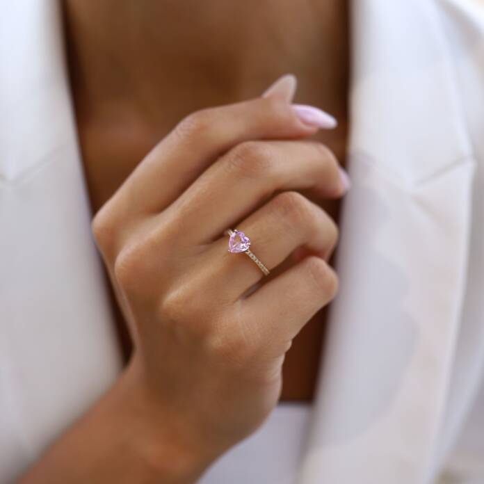 0.17 Ct Pırlanta Pembe Safir Kalp Yüzük - 1