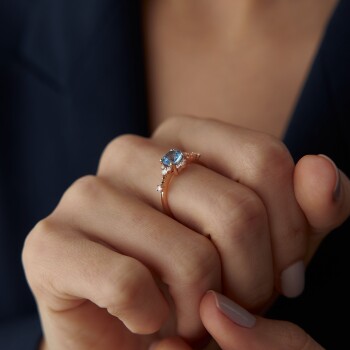 0.19 Ct Pırlanta Mavi Topaz Yüzük - 3