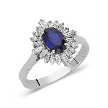 0.76 Ct Pırlanta Baget Safir Yüzük - 3
