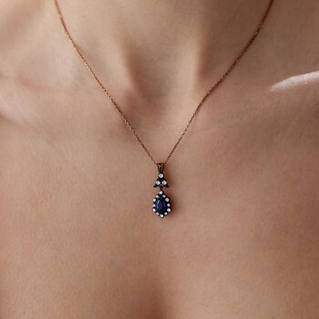 0.64 Ct Elmas Damla Safir Taşlı Kolye - Siempre