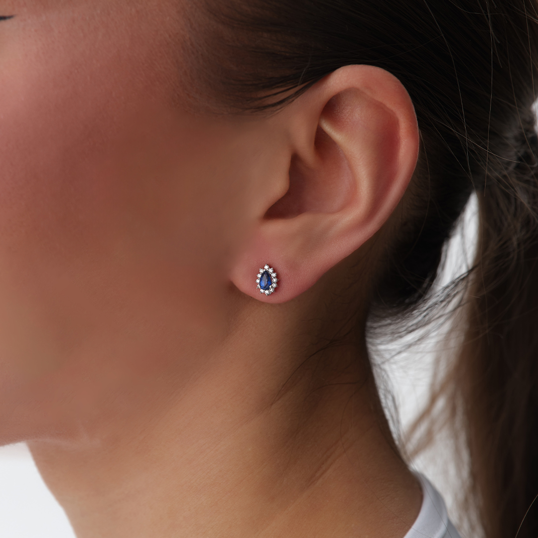 18 Ayar 0.20 Karat Safir Sıra Taşlı Pırlanta Küpe - 1