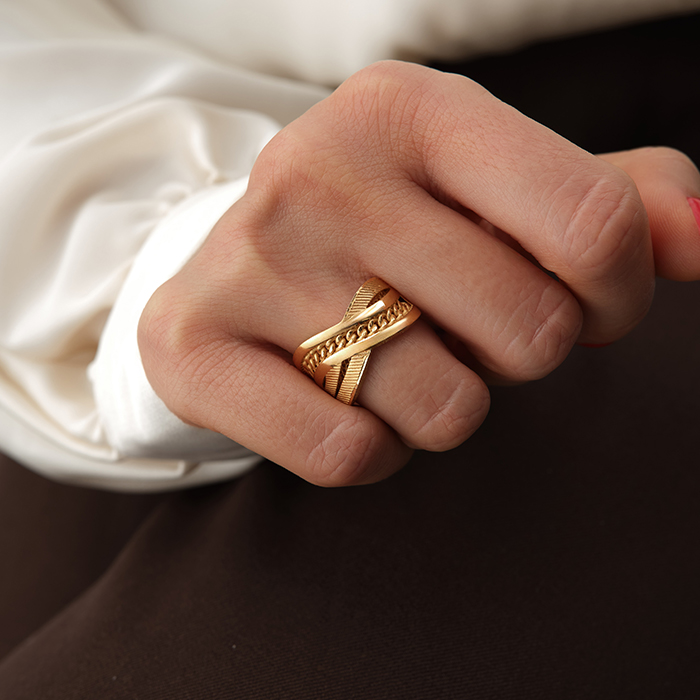 22 Ayar Şerit İşlemeli Zincir Form Altın Yüzük - 1