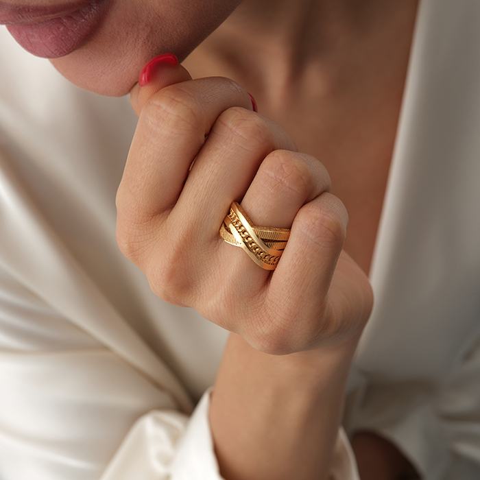 22 Ayar Şerit İşlemeli Zincir Form Altın Yüzük - 2