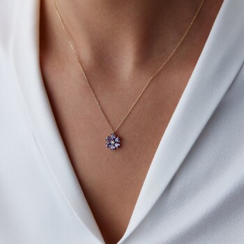 Altı Yapraklı Mor Taşlı Çiçek Kolye - Rayna