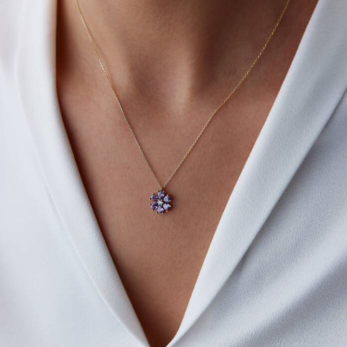 Altı Yapraklı Mor Taşlı Çiçek Kolye - 1