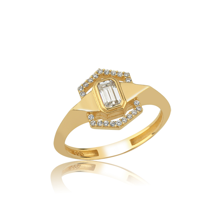 Altıgen Form Baget Taşlı Altın Yüzük - Rayna