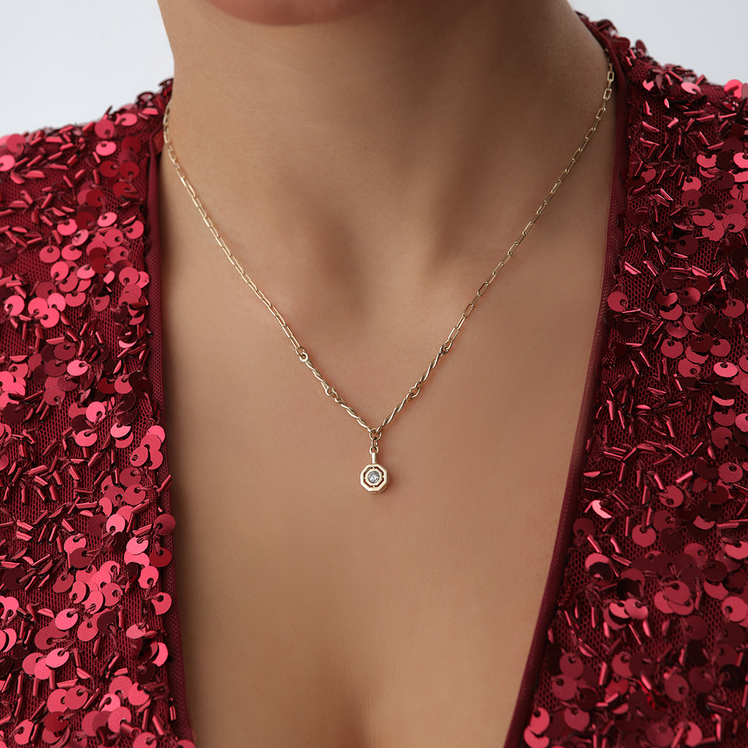 Altıgen Form Tektaşlı Altın Kolye - 1