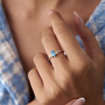 Aqua Taşlı Leaf Yüzük - Rayna