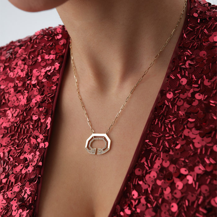 Ataç Zincirli Geometrik Taşlı Altın Kolye - Cemart (1)