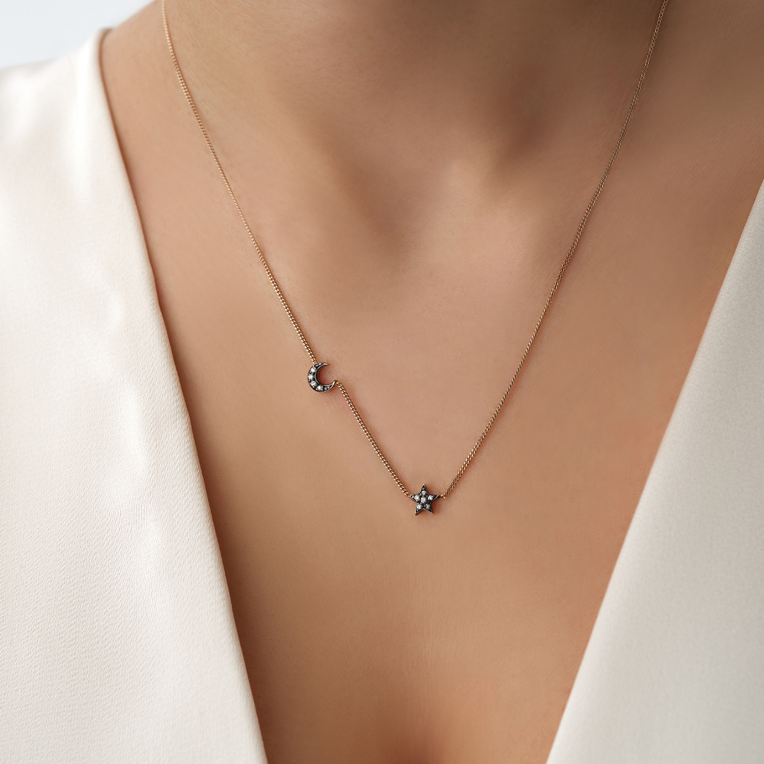 Ay Yıldız Figürlü Zirkon Taşlı Altın Kolye - 1