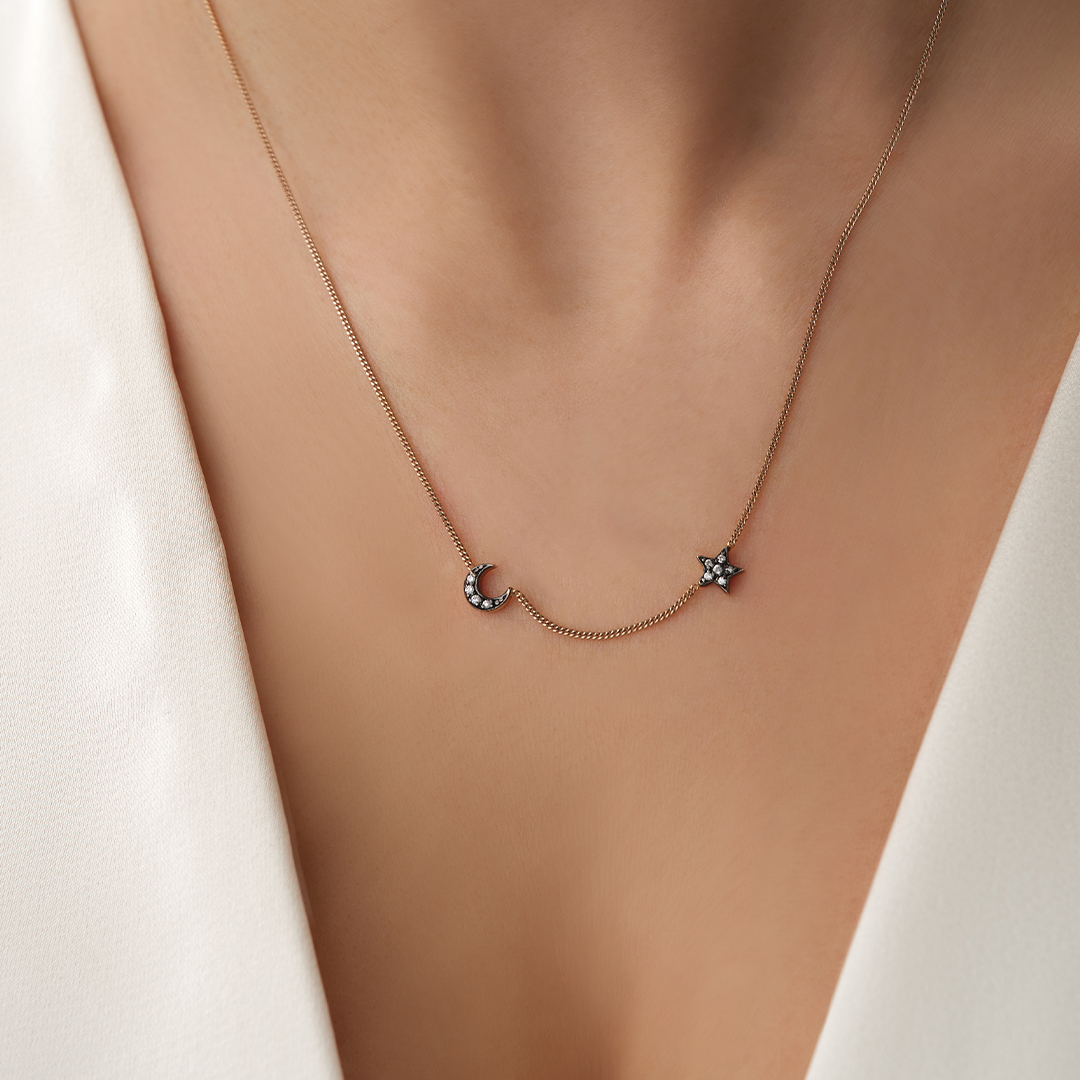 Ay Yıldız Figürlü Zirkon Taşlı Altın Kolye - 2
