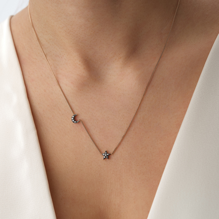 Ay Yıldız Figürlü Zirkon Taşlı Altın Kolye - Gökhan Bera