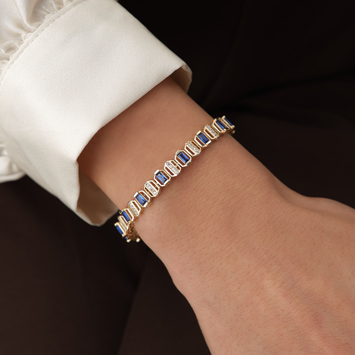 Baget Mavi Taş Sıralı Altın Bileklik - Cemart
