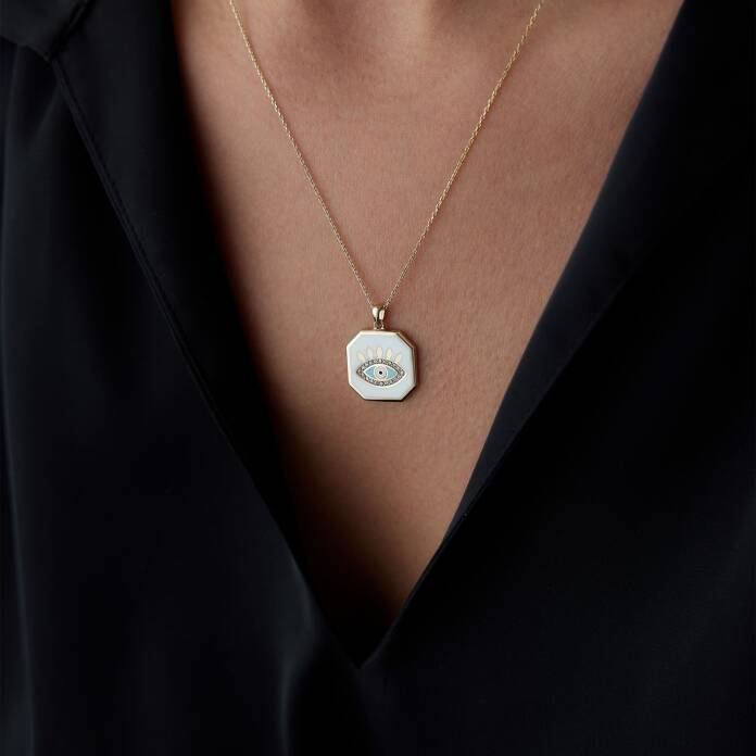 Beyaz Mineli Plaka Göz Kolye - 2