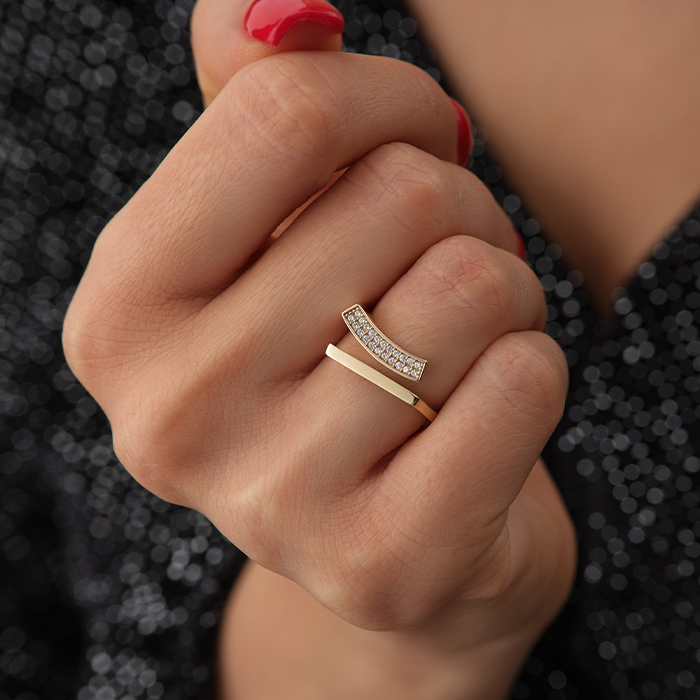 Çift Bar Detaylı Taşlı Altın Yüzük - Cemart