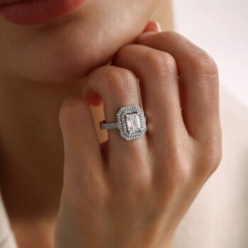 Çift Çerçeve Taşlı Yansıma Baget Yüzük - Oragold Orhan