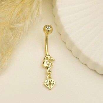 Deniz Atı Motifli Elmas Sallantılı Göbek Piercing - Dianora (1)