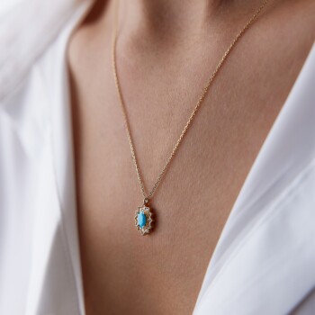 Desenli Mavi Opal Taşlı Kolye - Rayna (1)