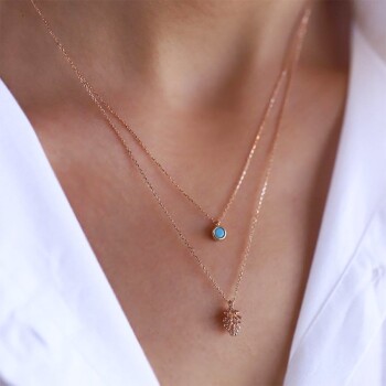 Firuze Çam Kozalağı İkili Kolye - Alen