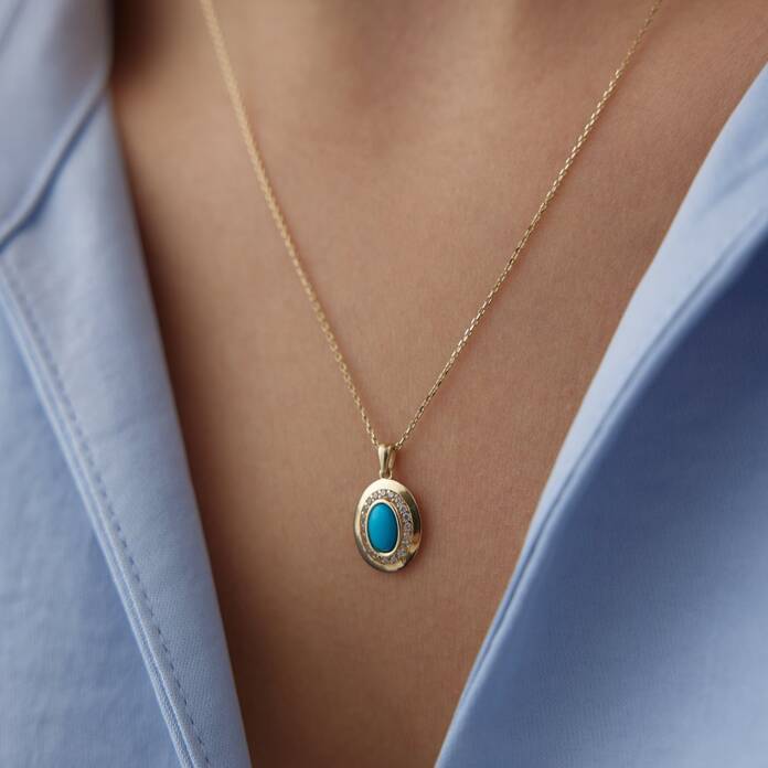 Firuze Taşlı Oval Kolye - 1