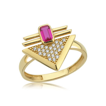 Fuşya Renk Taşlı Üçgen Tasarım Yüzük - 3