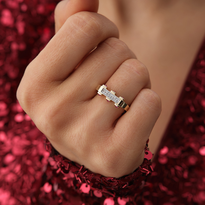 Geometrik Pembe Taş Detaylı Altın Yüzük - Cemart (1)