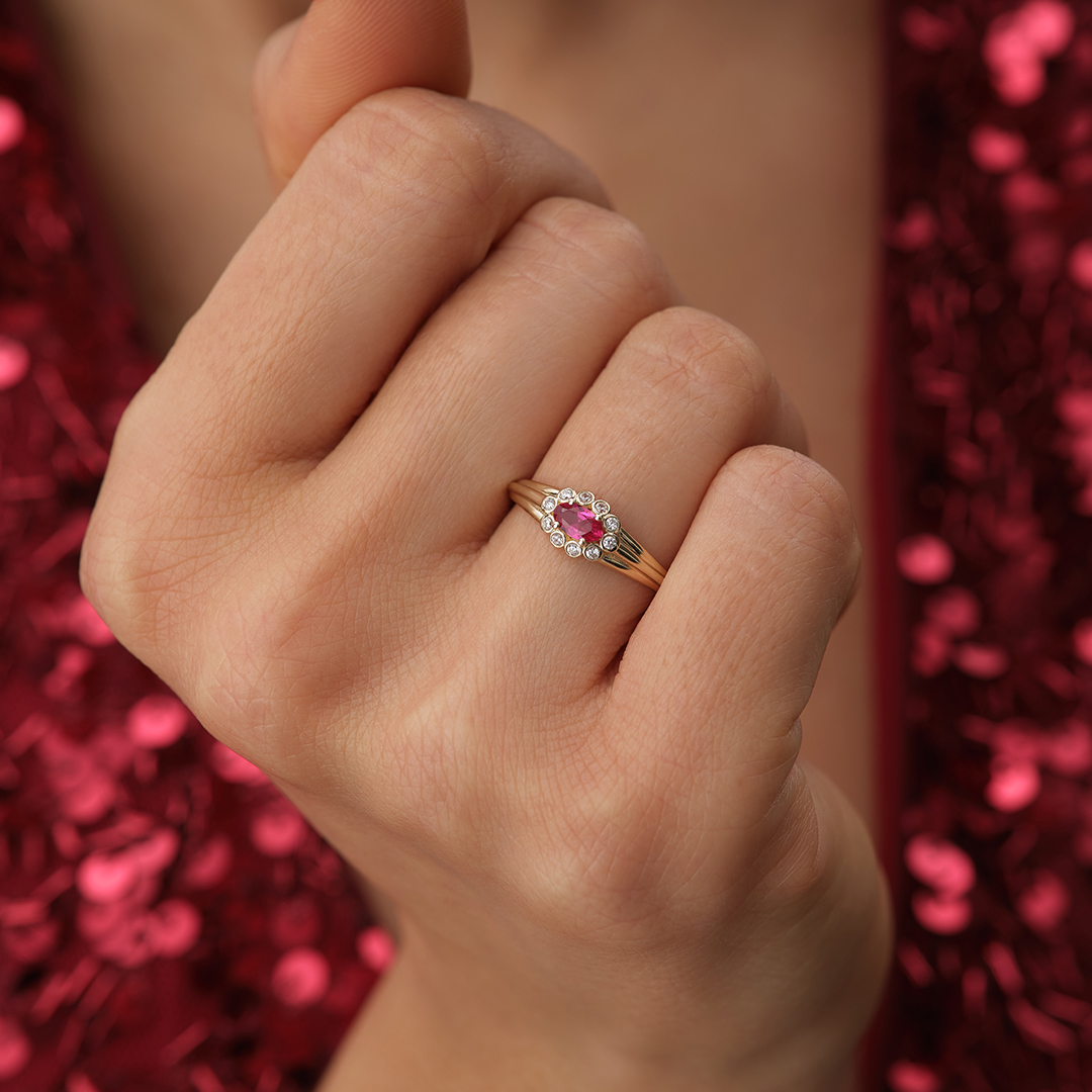 Halo Detaylı Pembe Taşlı Altın Yüzük - 2