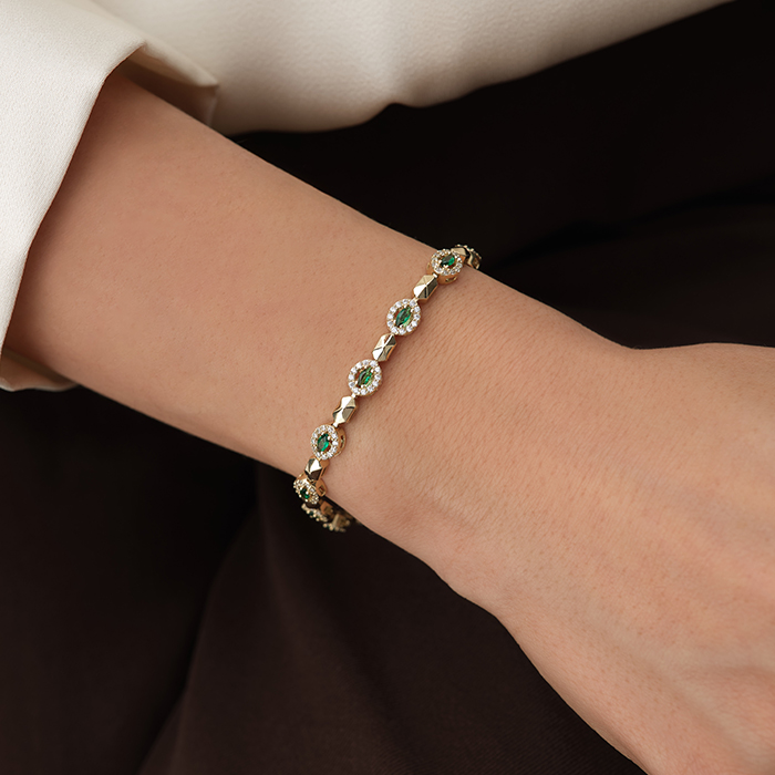 Halo Yeşil Taşlı Altın Bileklik - Cemart