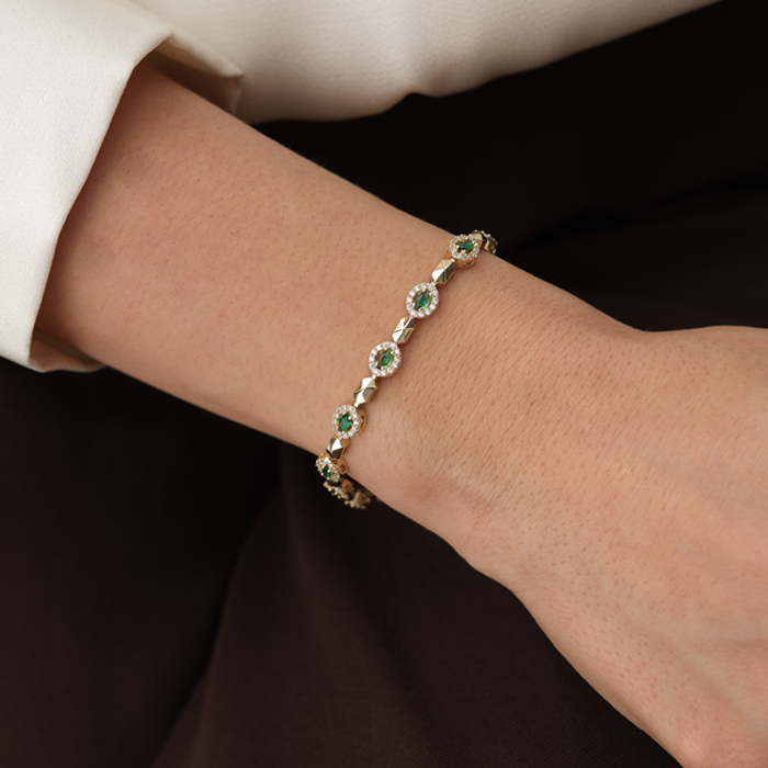 Halo Yeşil Taşlı Altın Bileklik - Cemart