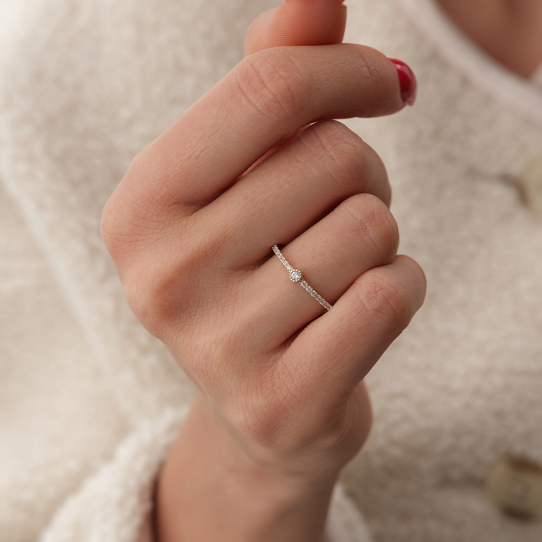 İnce Sıra Taşlı Minimal Altın Yüzük - 2