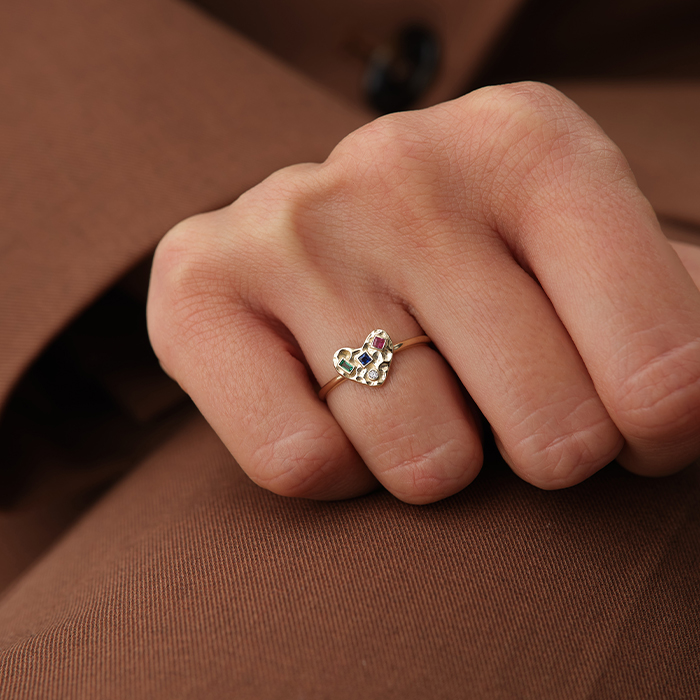 Kalp Figürlü Renkli Taşlı Altın Yüzük - Arden