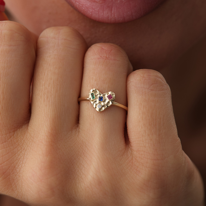 Kalp Figürlü Renkli Taşlı Altın Yüzük - Arden (1)