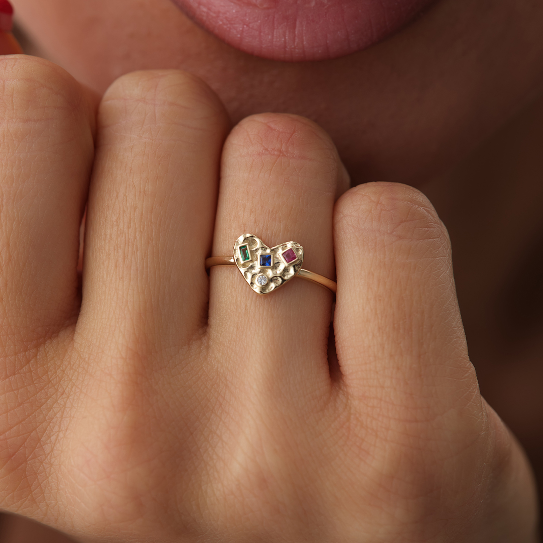 Kalp Figürlü Renkli Taşlı Altın Yüzük - 2