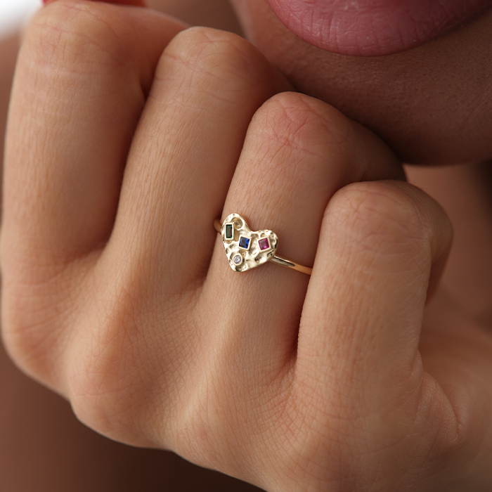 Kalp Figürlü Renkli Taşlı Altın Yüzük - 3