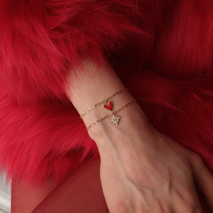 Kırmızı Kalp Ataç Altın Bileklik - Rayna