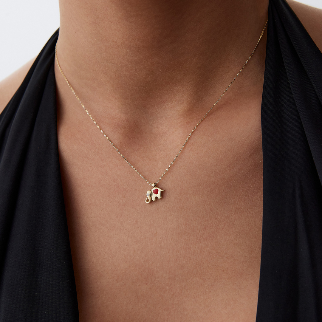 Kırmızı Kalp Mineli Fil Kolye - 1