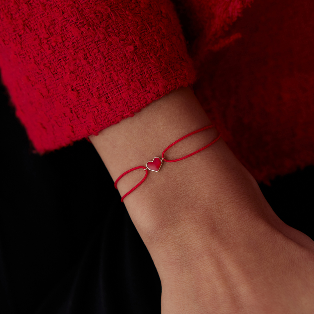 Kırmızı Mineli Kalp İp Bileklik - 1