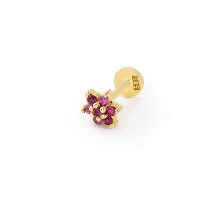 Kırmızı Taş Çiçek Model Tragus Piercing - 1