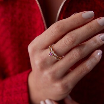 Kırmızı Taşlı Kalp İkili Yüzük - Rayna