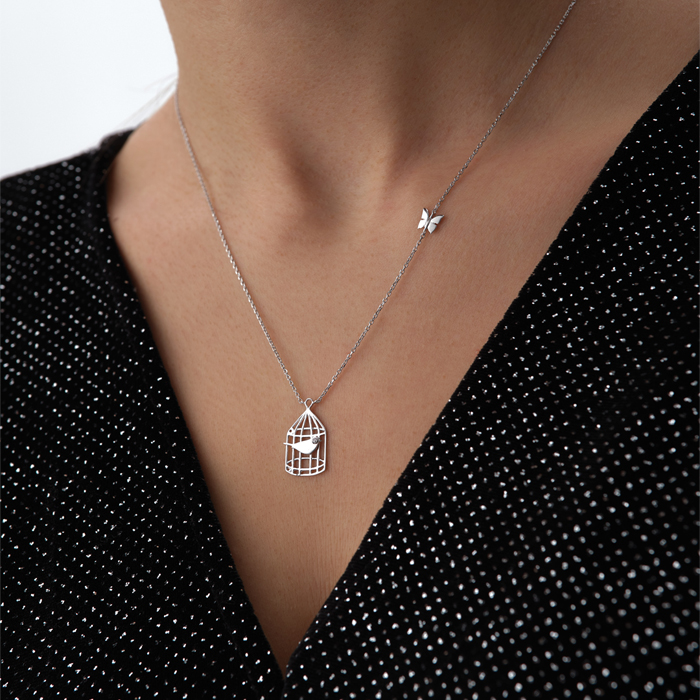 Kuş Kafesli Kelebek Figürlü Altın Kolye - Özkonak (1)