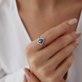 Kutup Yıldızlı Mavi Kalkan Desen Yüzük - Cemart