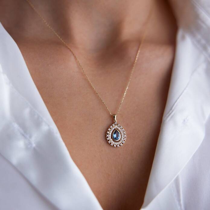 Lacivert Taşlı Damla Kolye - 1