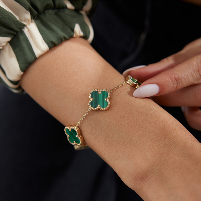 Beşli Malahit Yonca Cleef Bileklik - Big Gold (1)