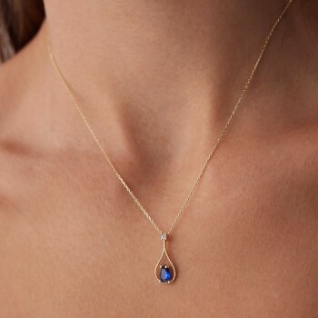 Mavi Taşlı Damla Desen Kolye - Ador