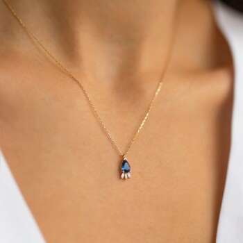 Mavi Taşlı Damla Kolye - Alen