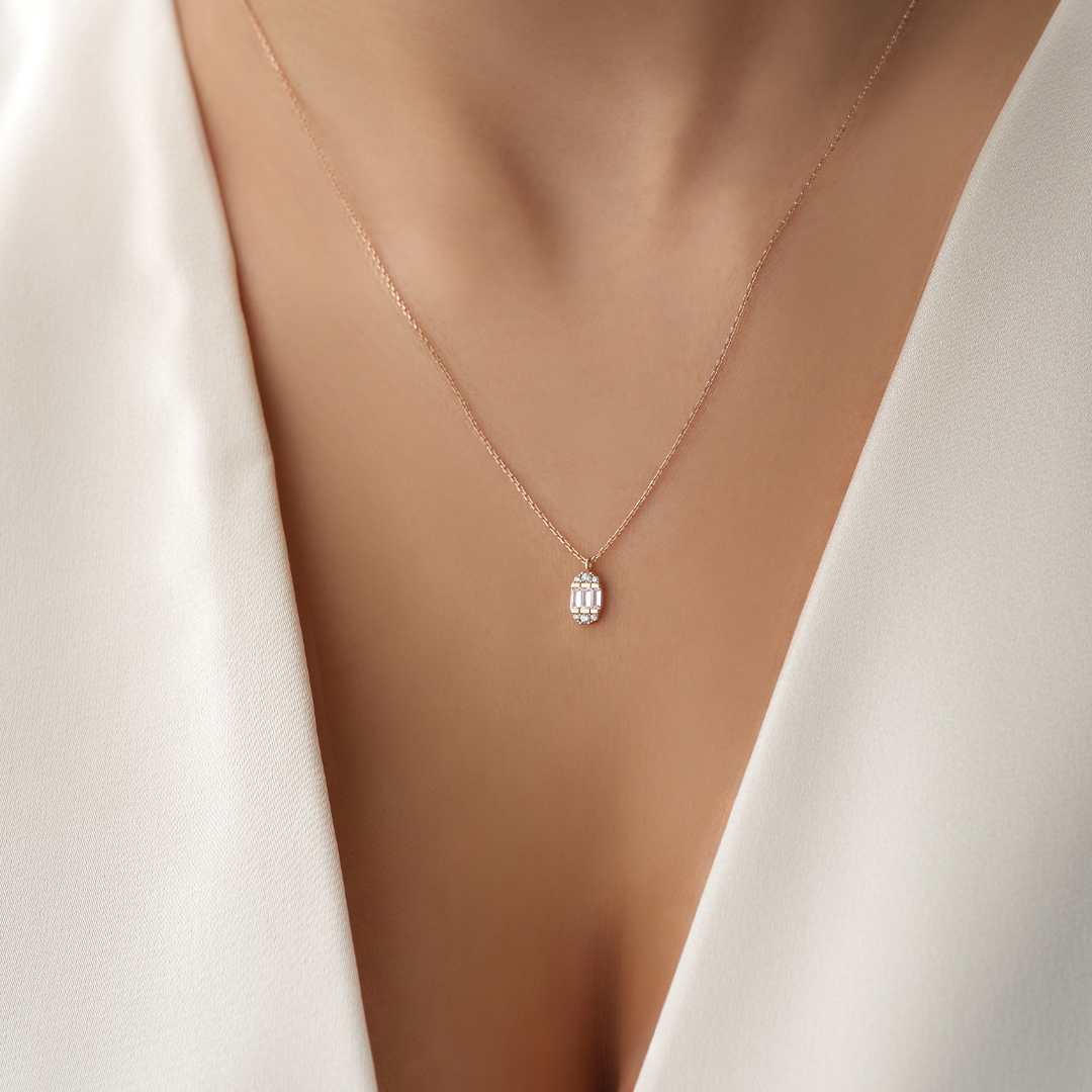 Oval Baget Taşlı Minimal Altın Kolye - 2