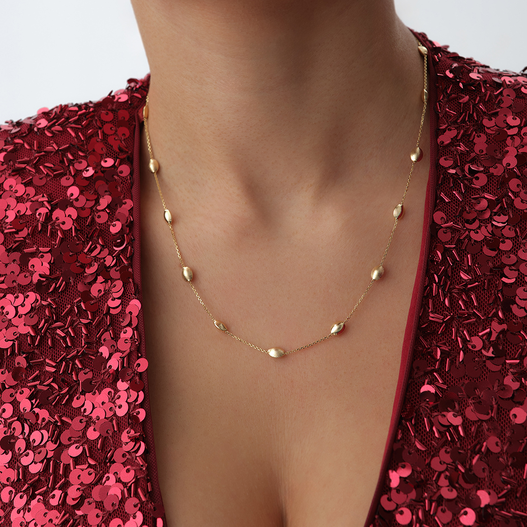 Oval Boncuklu Zincir Altın Kolye - 1