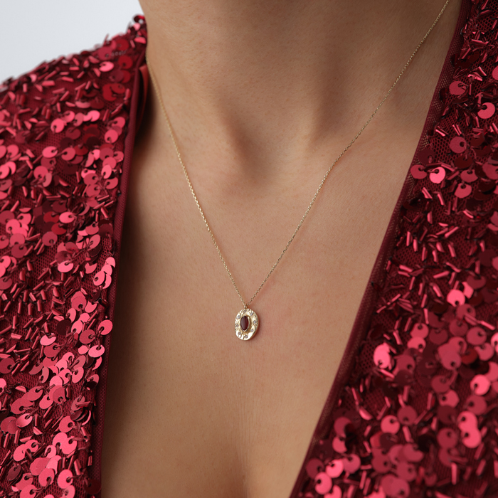 Oval Halo Taşlı Altın Kolye - Cemart (1)