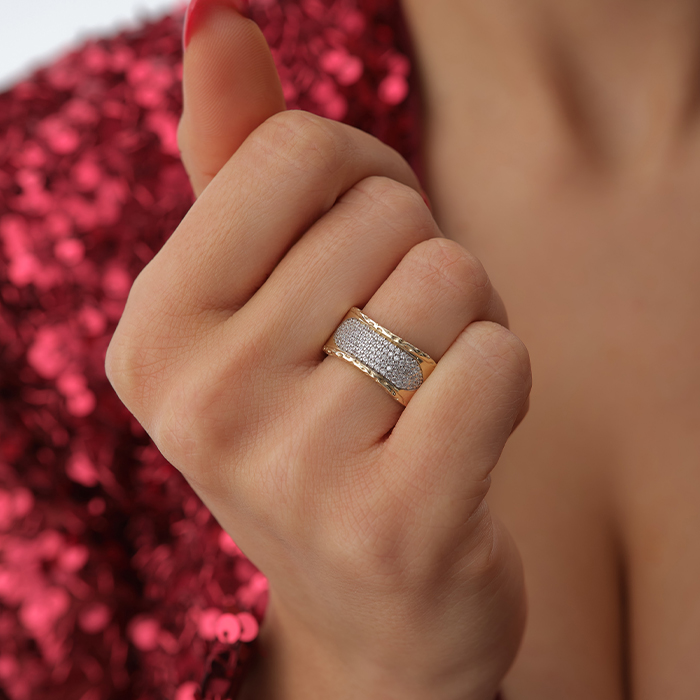 Pavé Taşlı Geniş Bant Altın Yüzük - Cemart