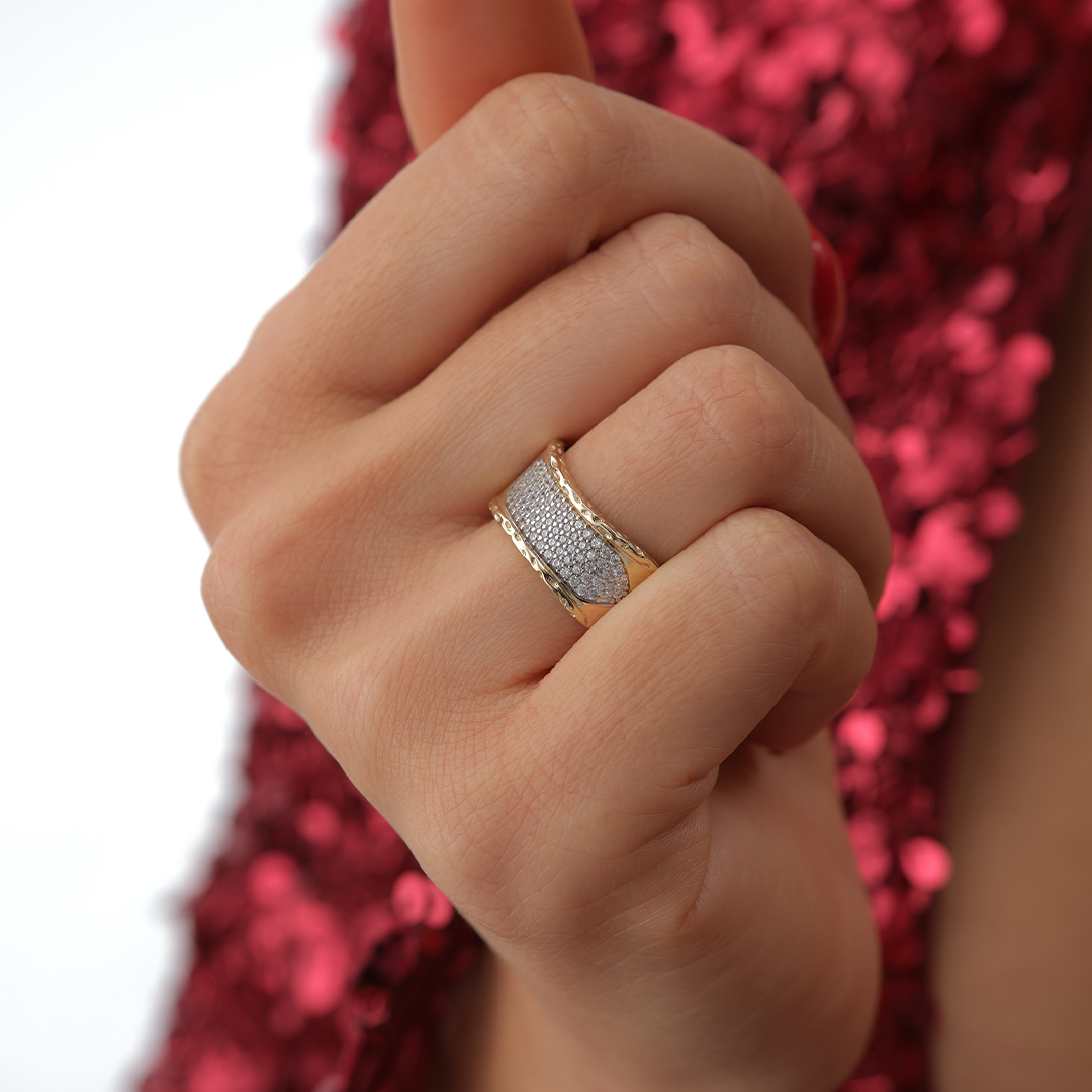 Pavé Taşlı Geniş Bant Altın Yüzük - 2